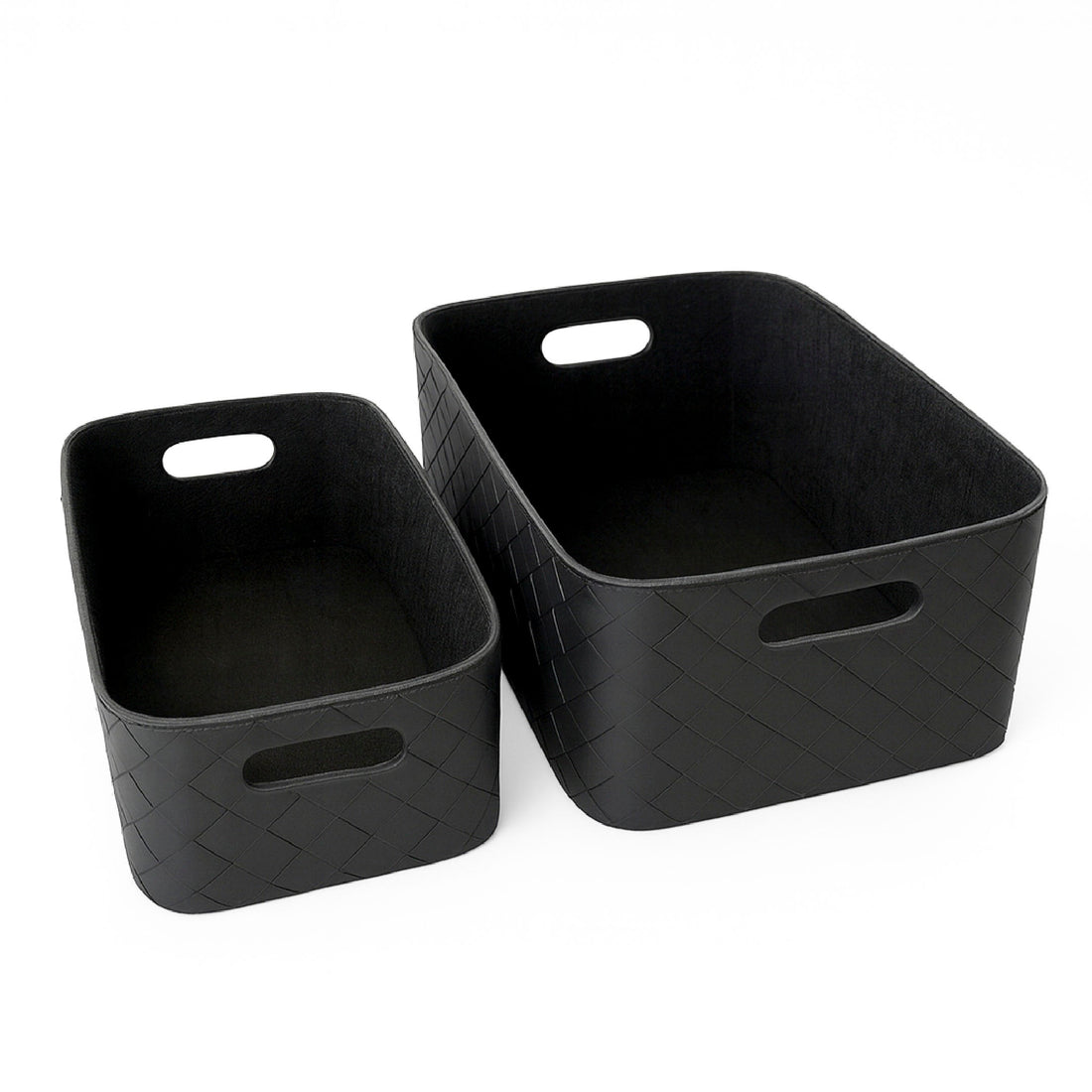 Two black rectangular storage bins with integrated handles, one small and one large, shown on a plain white background.