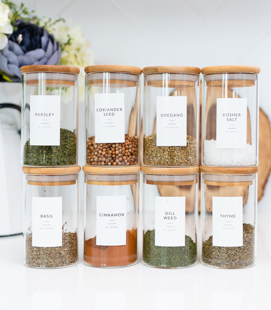 24 Natural Bamboo Spice Jars and White Spice Labels Bundle