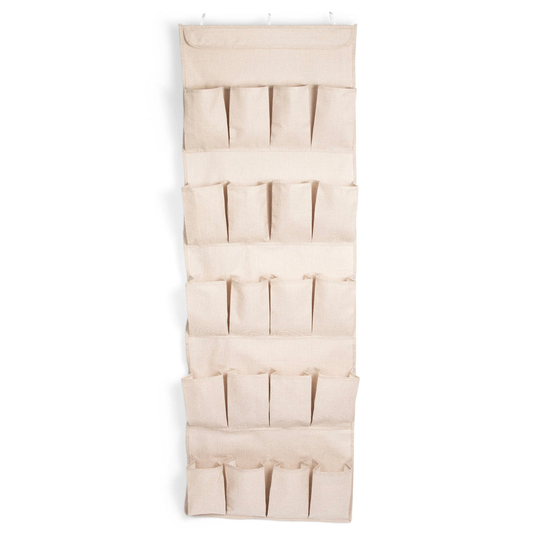 Beige over-the-door shoe organizer with multiple pockets on a white background