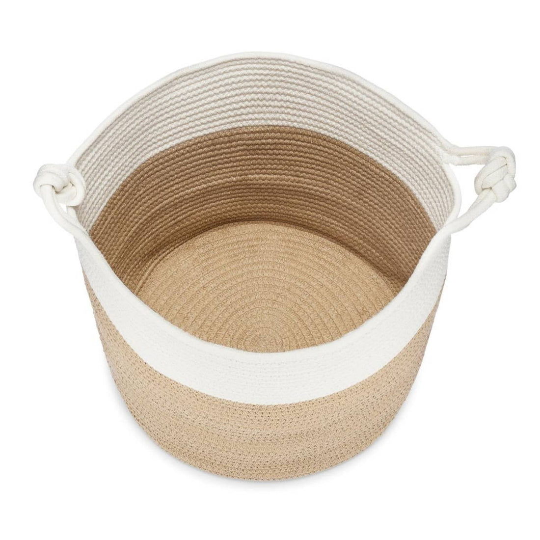 Beige and white woven basket on a white background