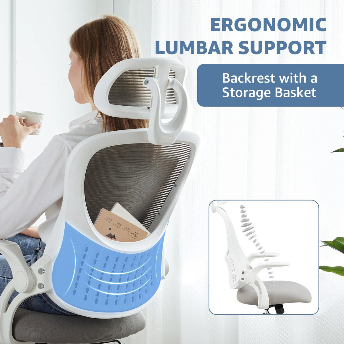 JHK Mesh Ergonomic Office Computer Desk Chair Flip-up Arms Adjustable Headrests Comfortable Lumbar S – image 2
