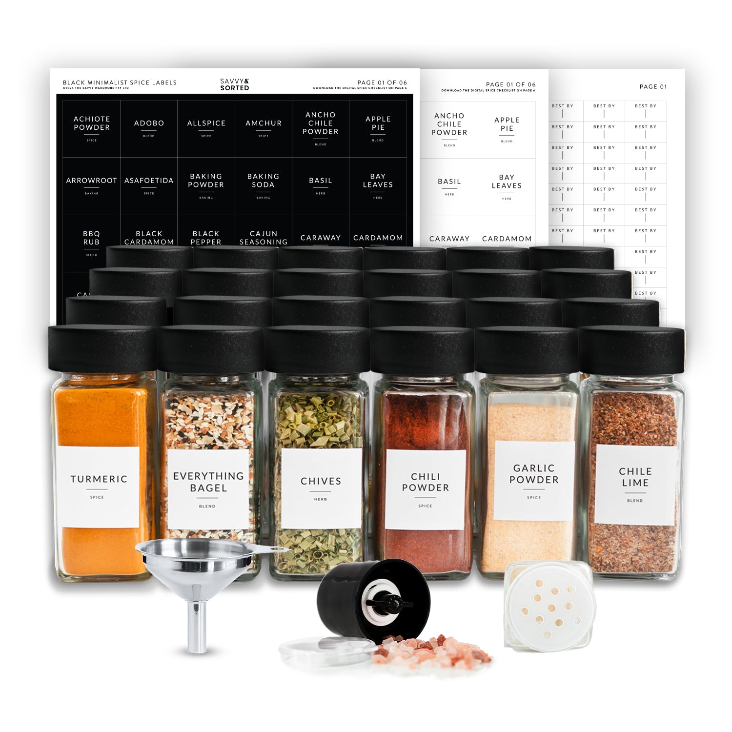 Glass Spice Jars with Black Plastic Lids - 24 PACK