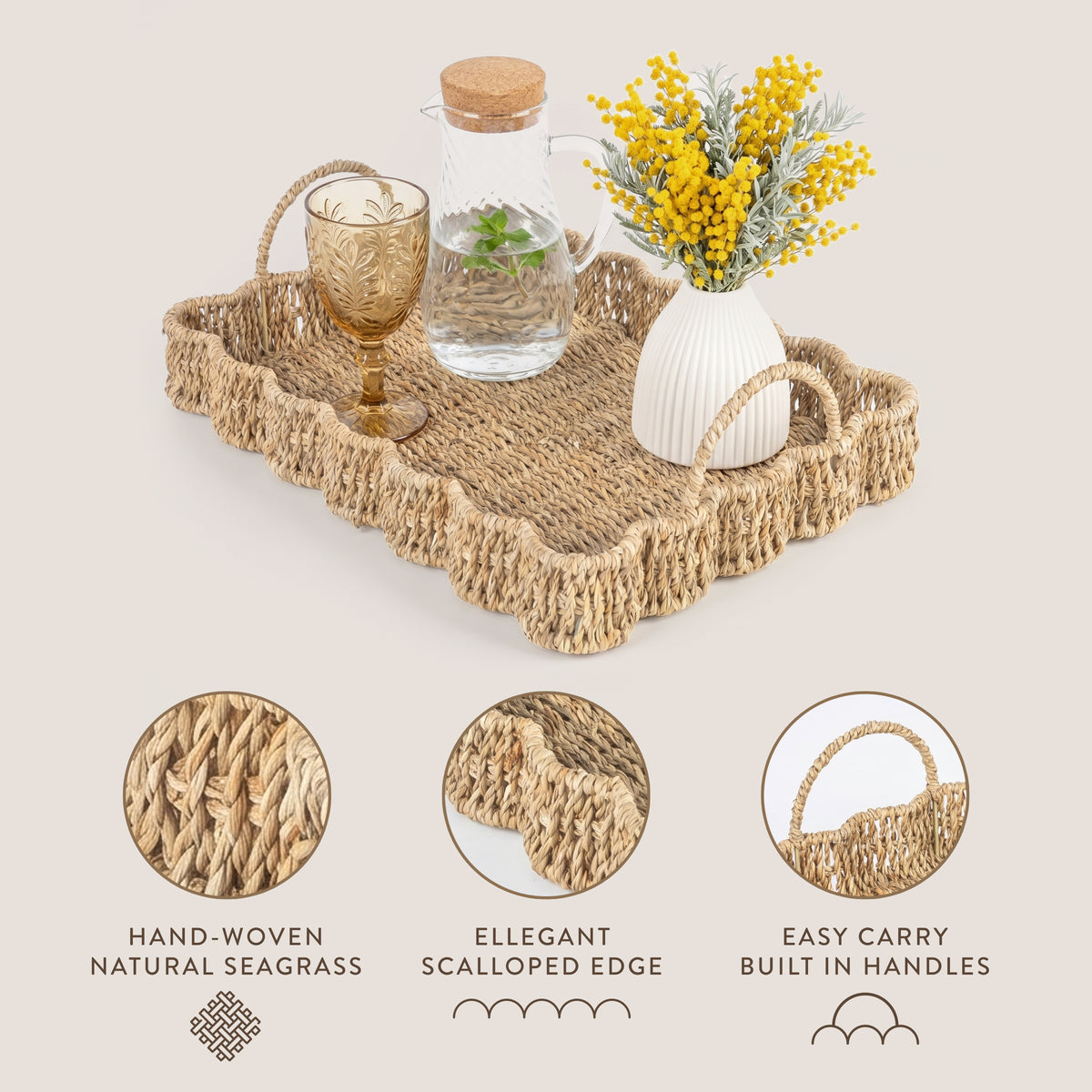 Seagrass Scalloped Tray with Handles 2pk AU