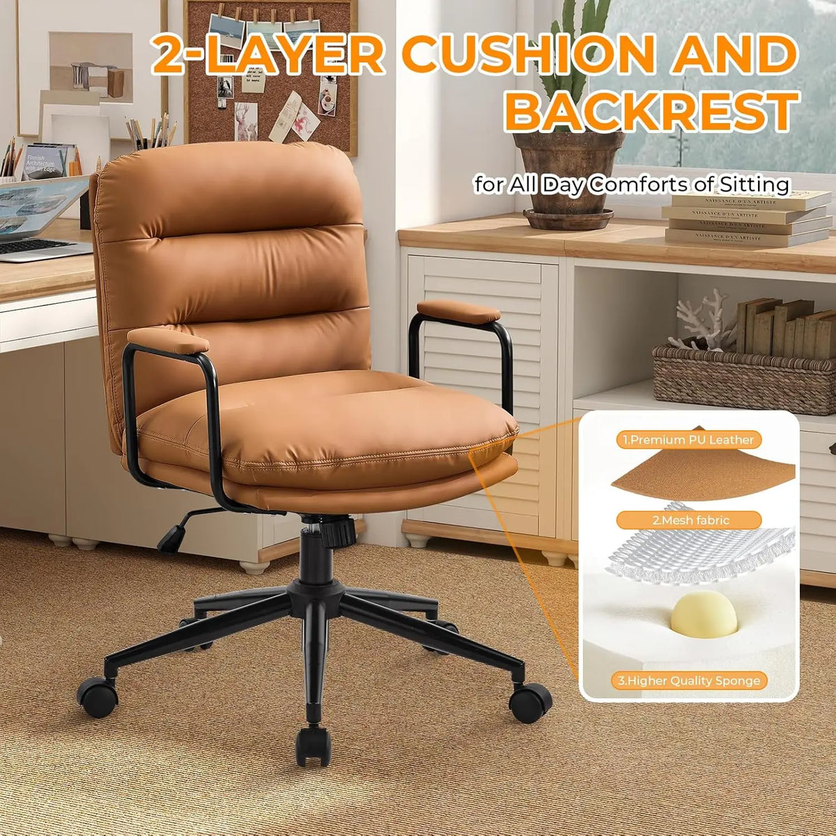 Leather Home Desk Chair, Comfortable Executive Office Chair with Wheels, Ergonomic Computer Task Chair Adjustable Height, Brown
