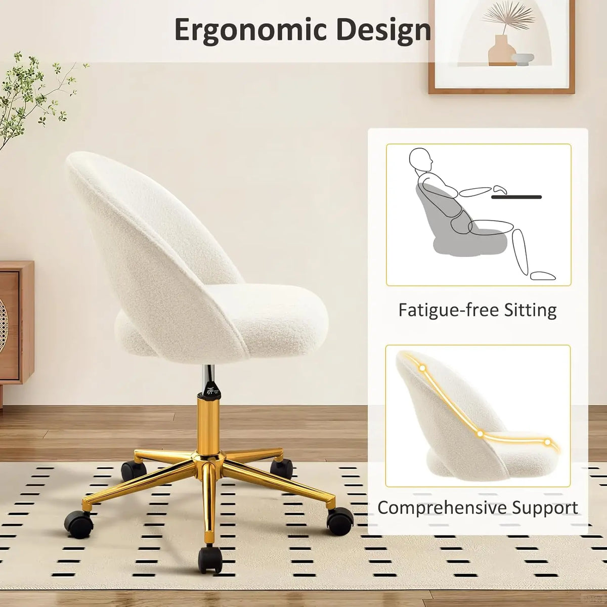 Vanity Chair with Back, Cute Office Desk Chair with Wheels for Girls, Upholstered Armless Accent Chair with Gold Metal Height