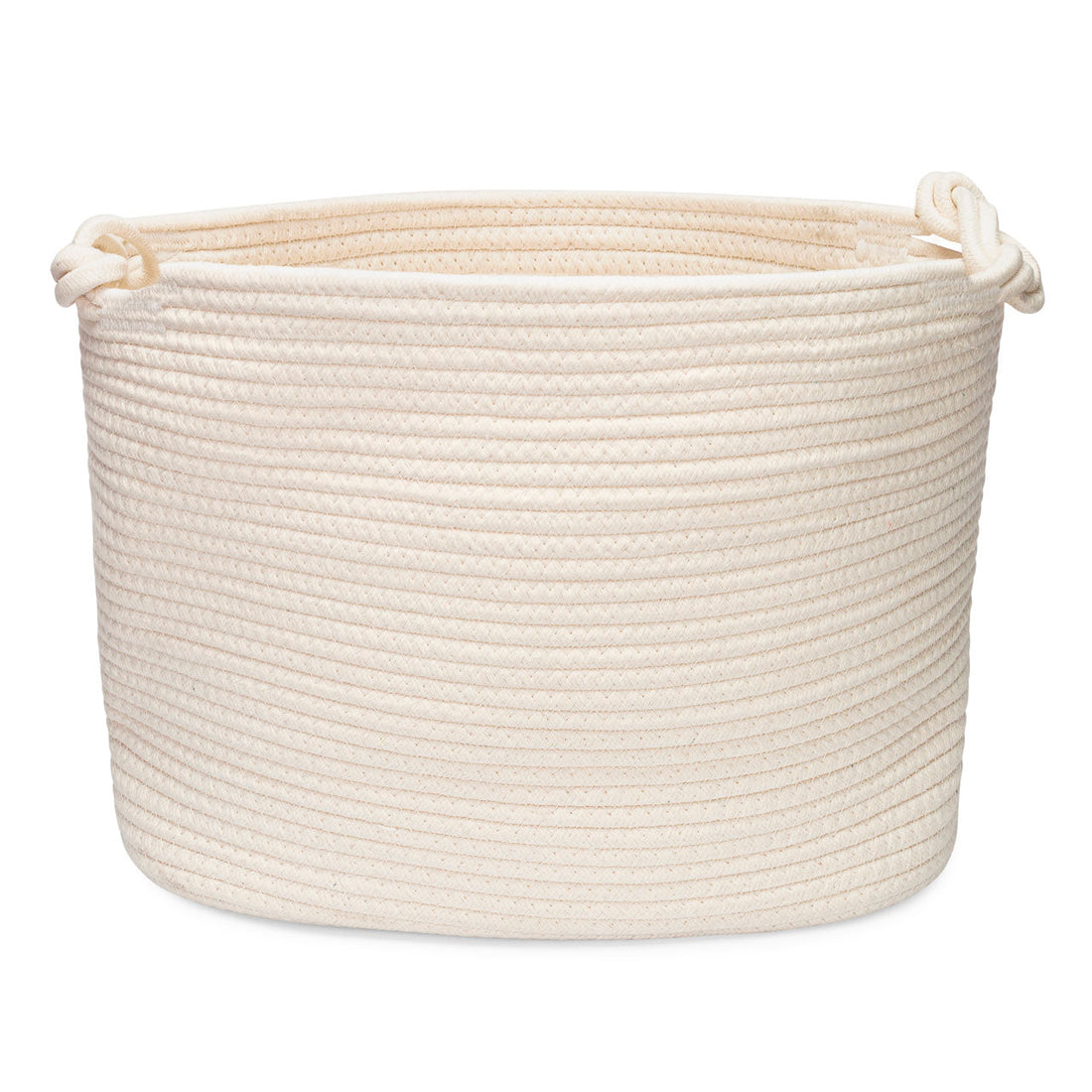 An off-white rope storage basket with knotted side handles, shown on a clean white background.