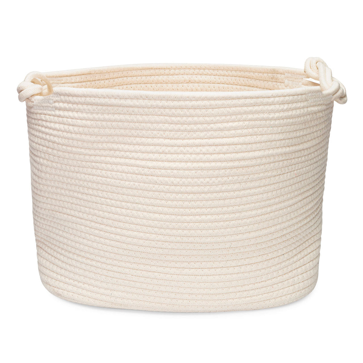 An off-white rope storage basket with knotted side handles, shown on a clean white background.