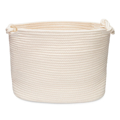 An off-white rope storage basket with knotted side handles, shown on a clean white background.