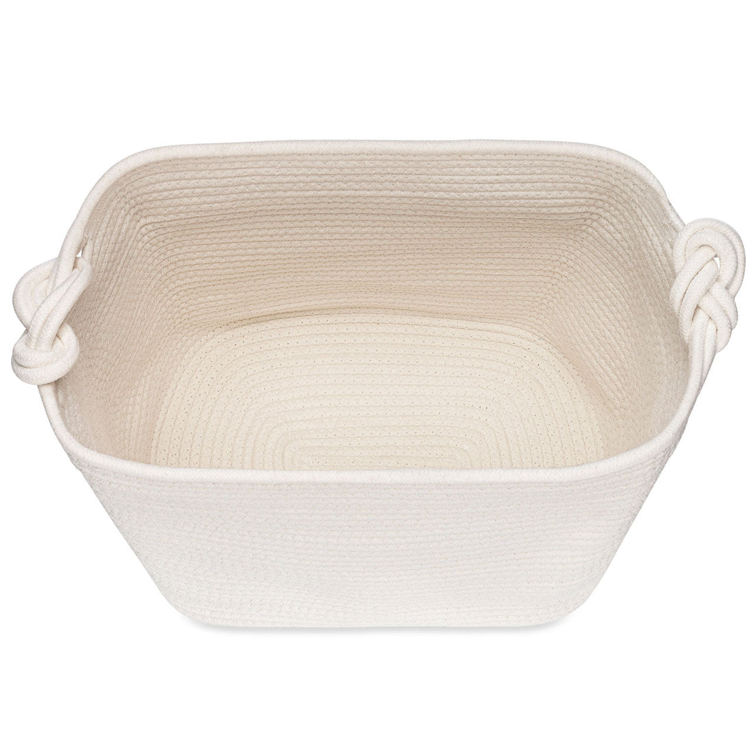 Beige woven basket with handles on a white background