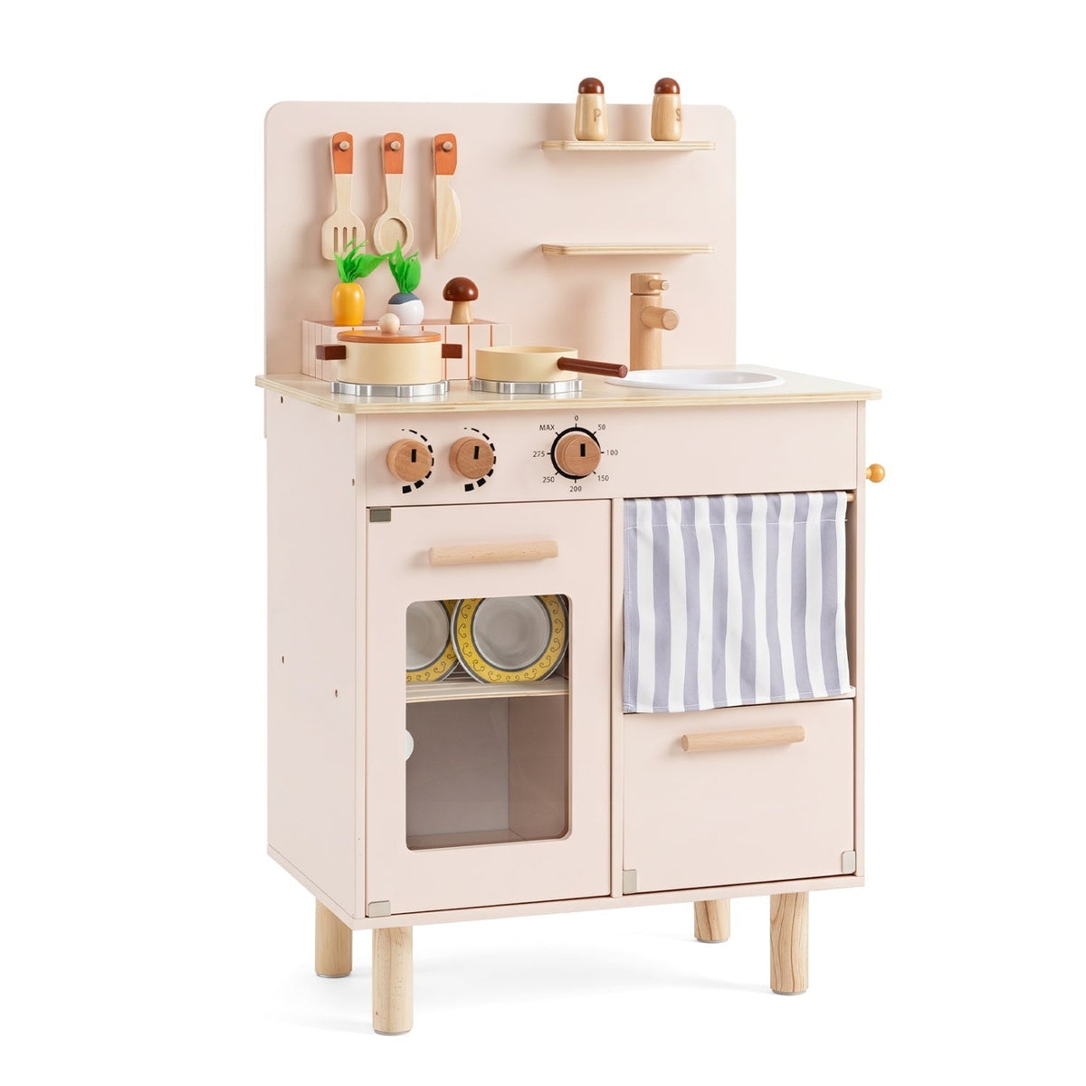 Wooden Play Kitchen Set for Kids with Stove, Sink &amp; Faucet