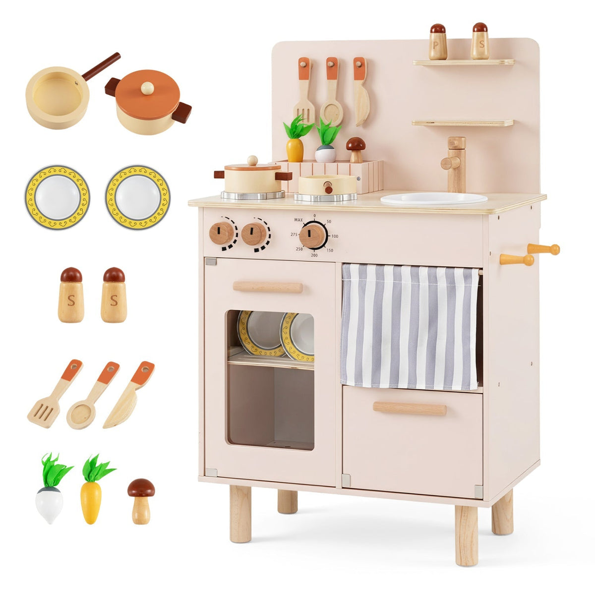 Wooden Play Kitchen Set for Kids with Stove, Sink &amp; Faucet