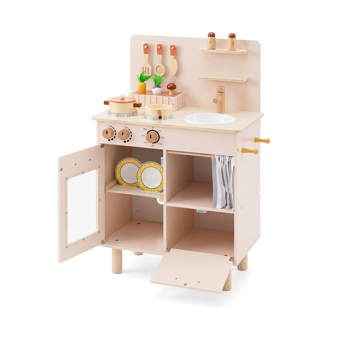 Wooden Play Kitchen Set for Kids with Stove, Sink &amp; Faucet