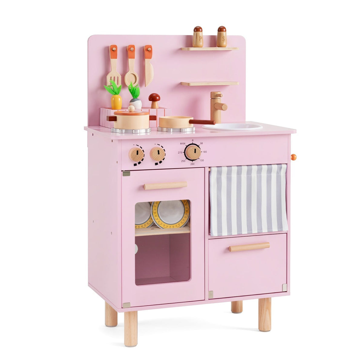 Wooden Play Kitchen Set for Kids with Stove, Sink &amp; Faucet