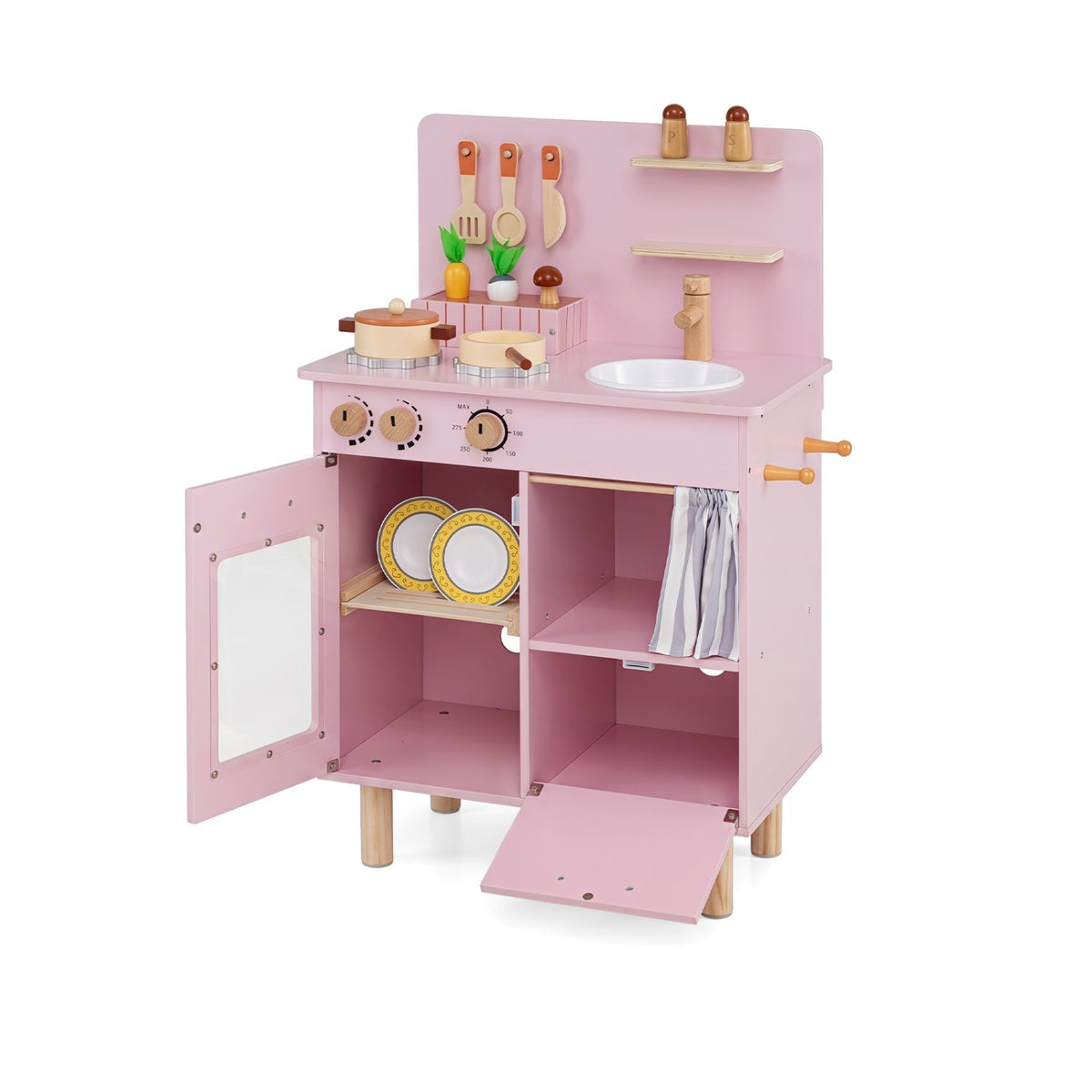 Wooden Play Kitchen Set for Kids with Stove, Sink &amp; Faucet