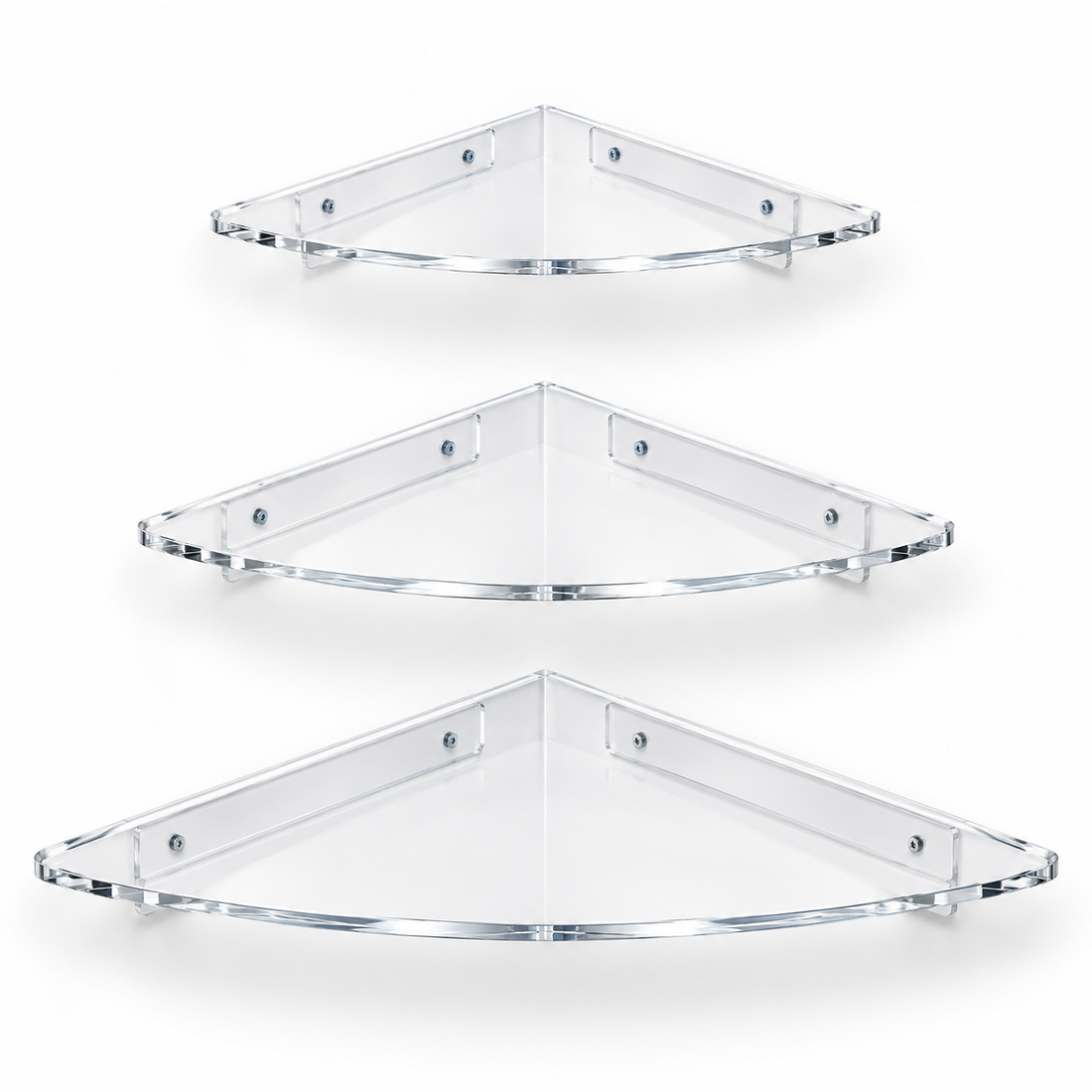 Three clear triangular corner wall shelves of varying sizes, arranged vertically on a clean white background.