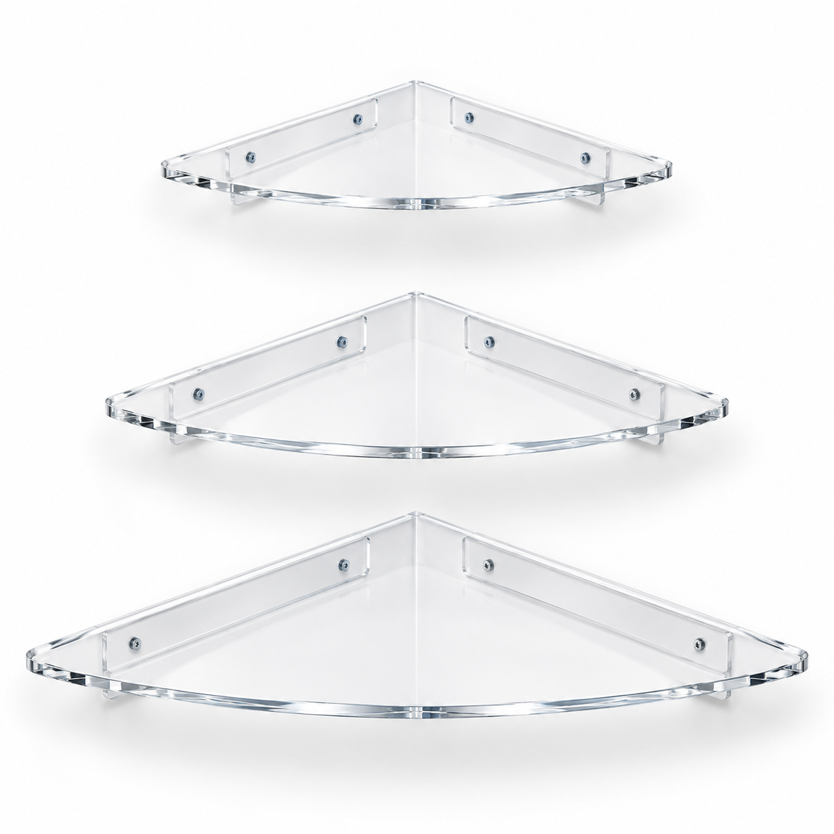 Three clear triangular corner wall shelves of varying sizes, arranged vertically on a clean white background.
