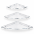 Three clear triangular corner wall shelves of varying sizes, arranged vertically on a clean white background.