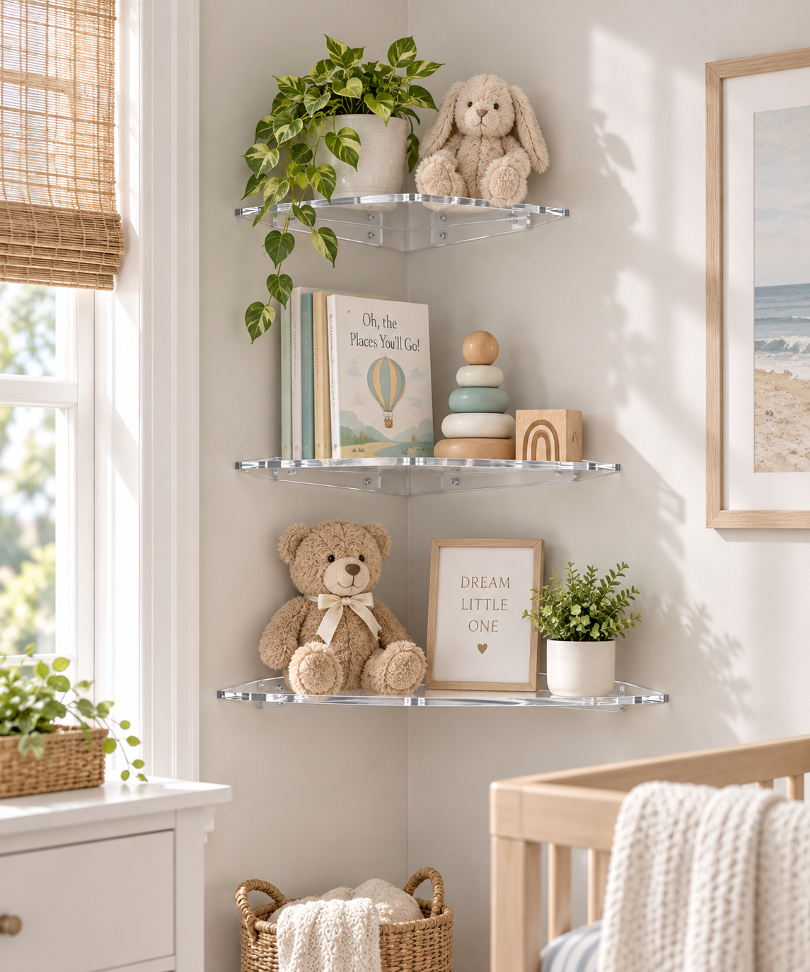 Three clear acrylic floating shelves styled in a nursery setting, holding books, a bunny plush, stacked wooden blocks, a teddy bear, and small potted plants against a light beige wall.