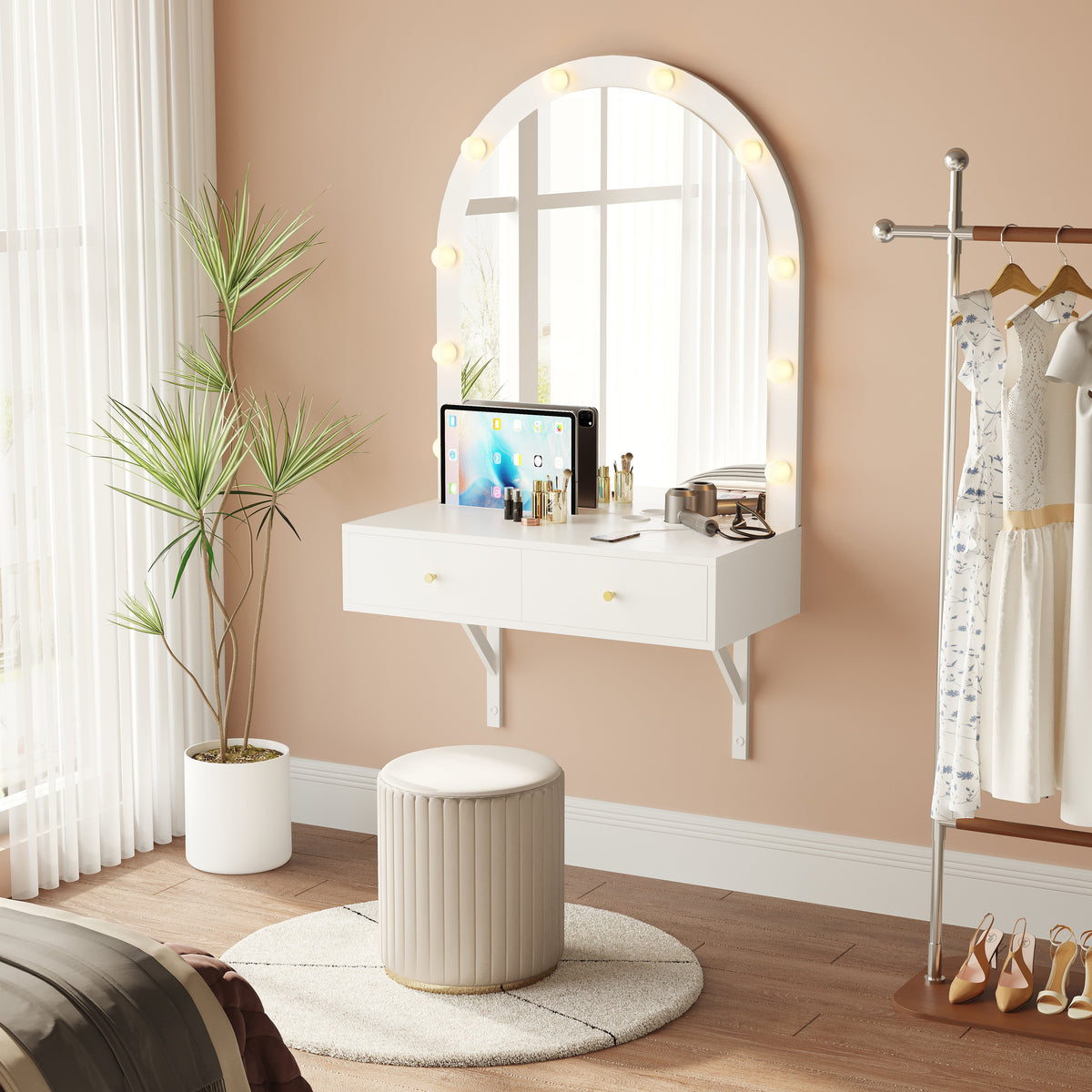 Floating Makeup Vanity Desk with Mirror &amp; 3-Color Lights