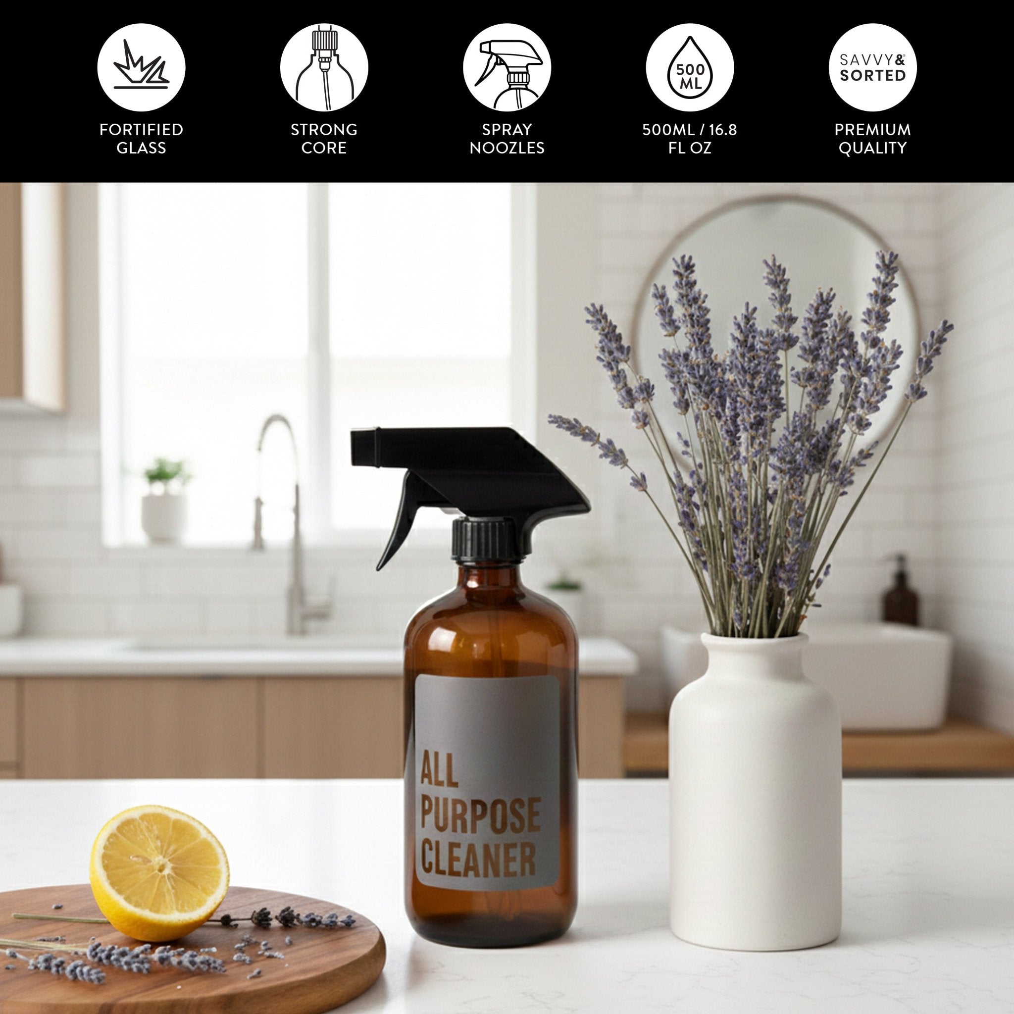 All Purpose Cleaner Glass Amber Bottle 500ml - Savvy &amp; Sorted