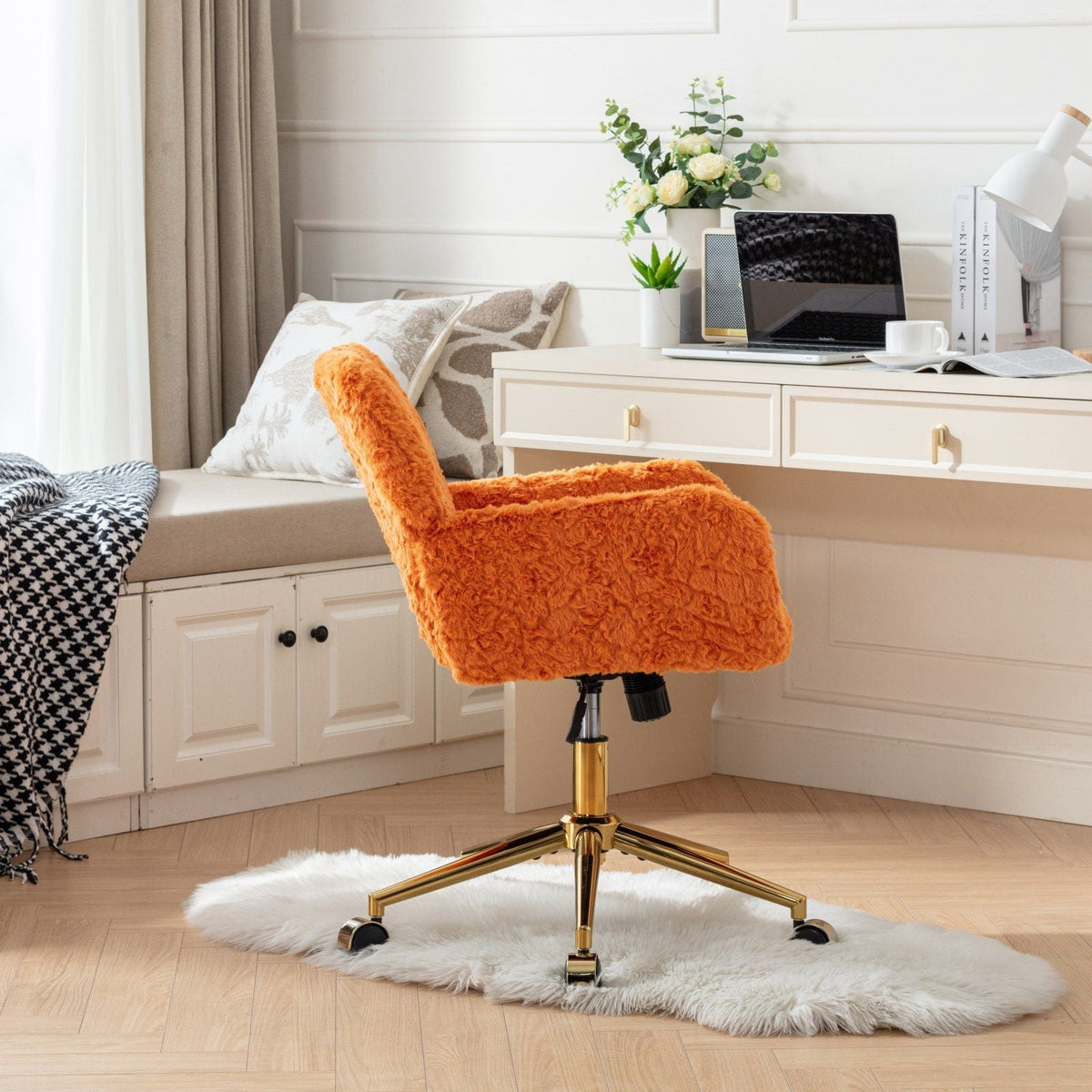 Office Chair, Artificial Rabbit Hair Home Office Chair With Metal Base, Adjustable Desk Chair Swivel Office Chair, Vanity Chair