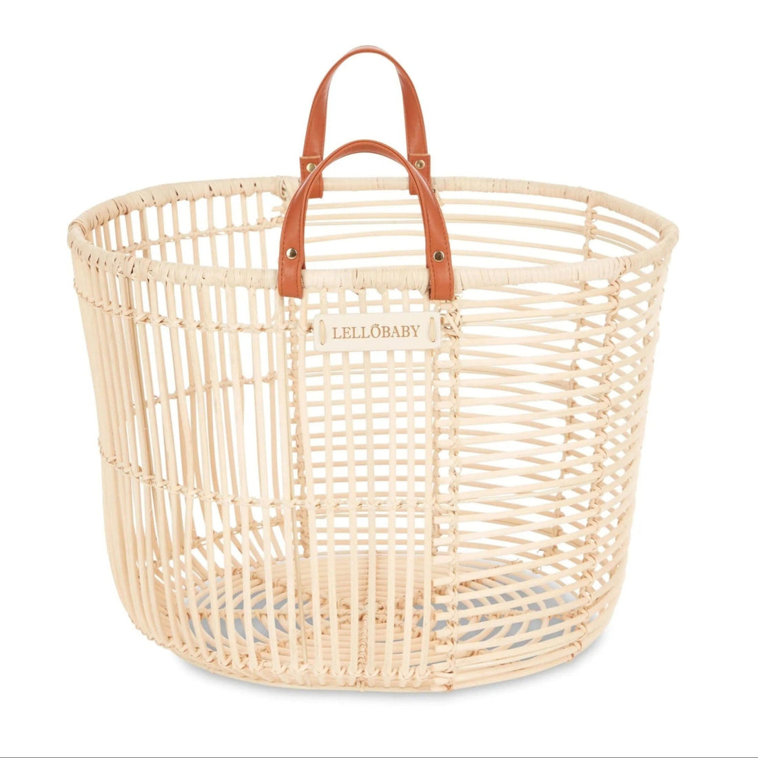 Wicker basket with leather handles on a white background
