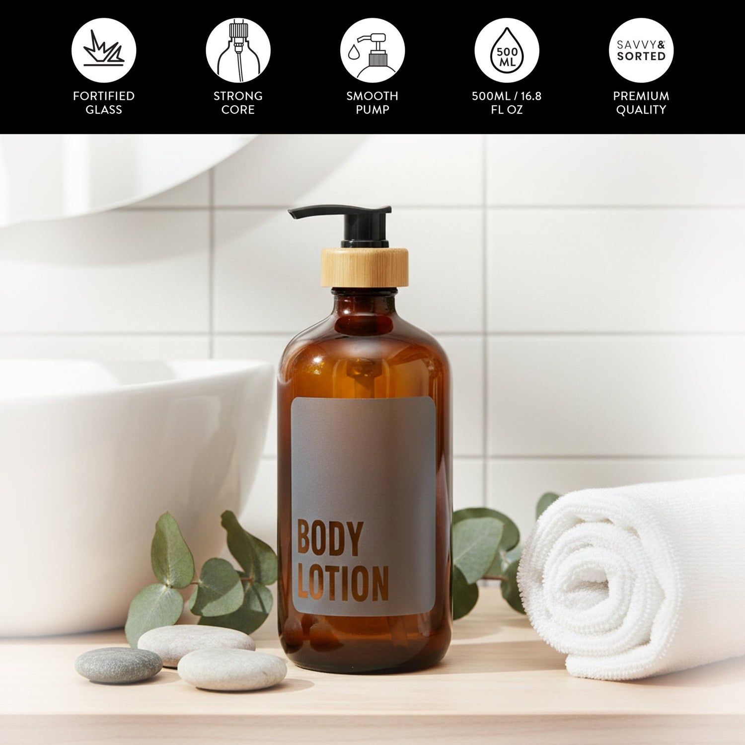 Body Lotion Glass Amber Bottle 500ml - Savvy &amp; Sorted