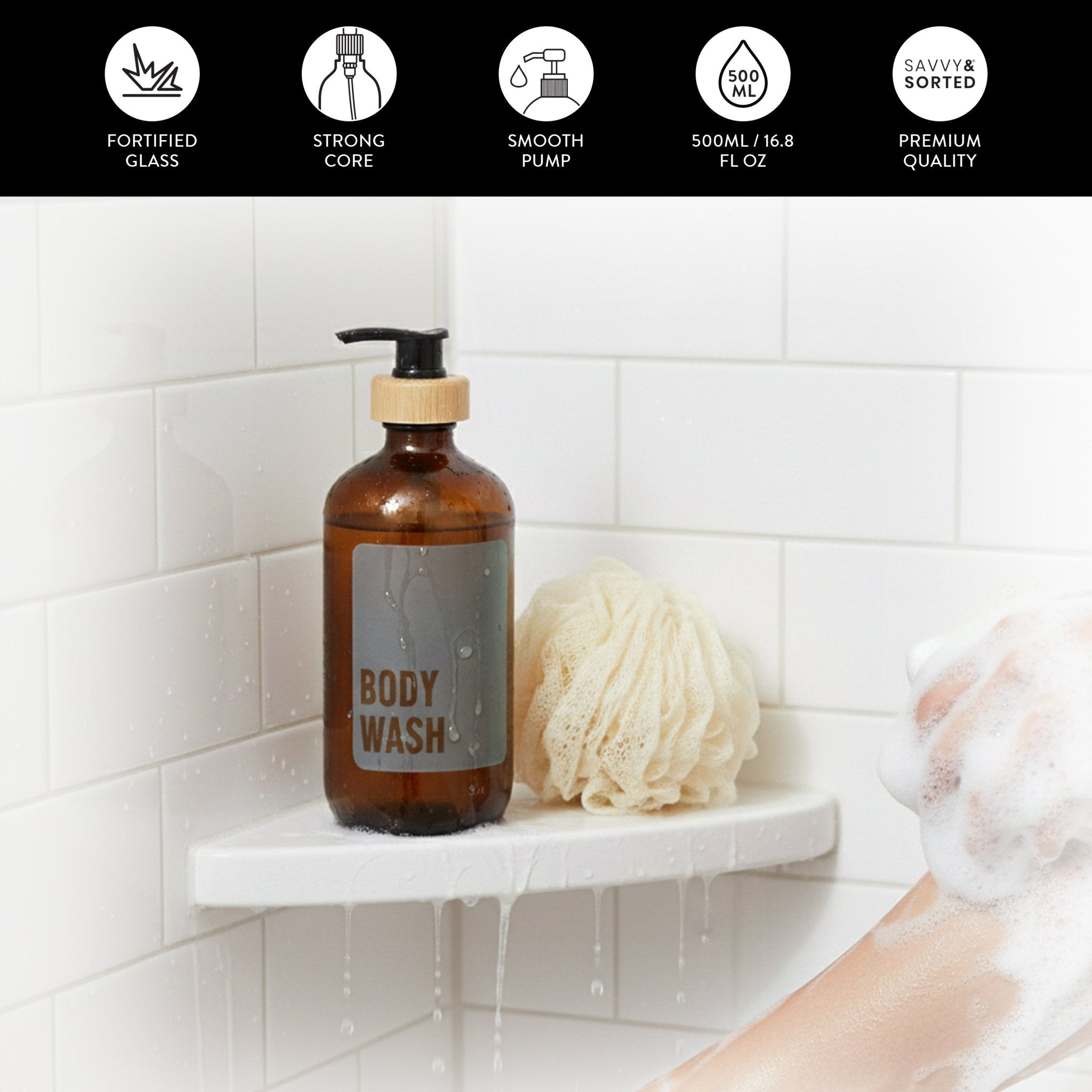 Body Wash Glass Amber Bottle 500ml - Savvy &amp; Sorted