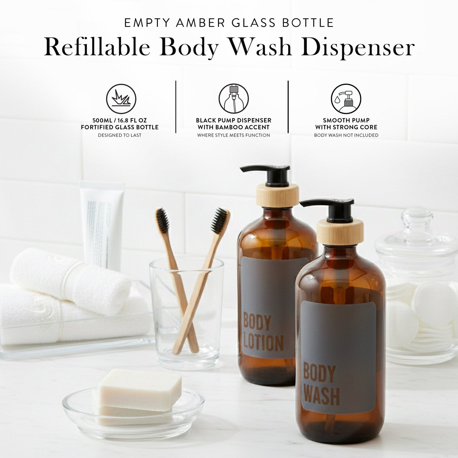 Body Wash Glass Amber Bottle 500ml - Savvy &amp; Sorted