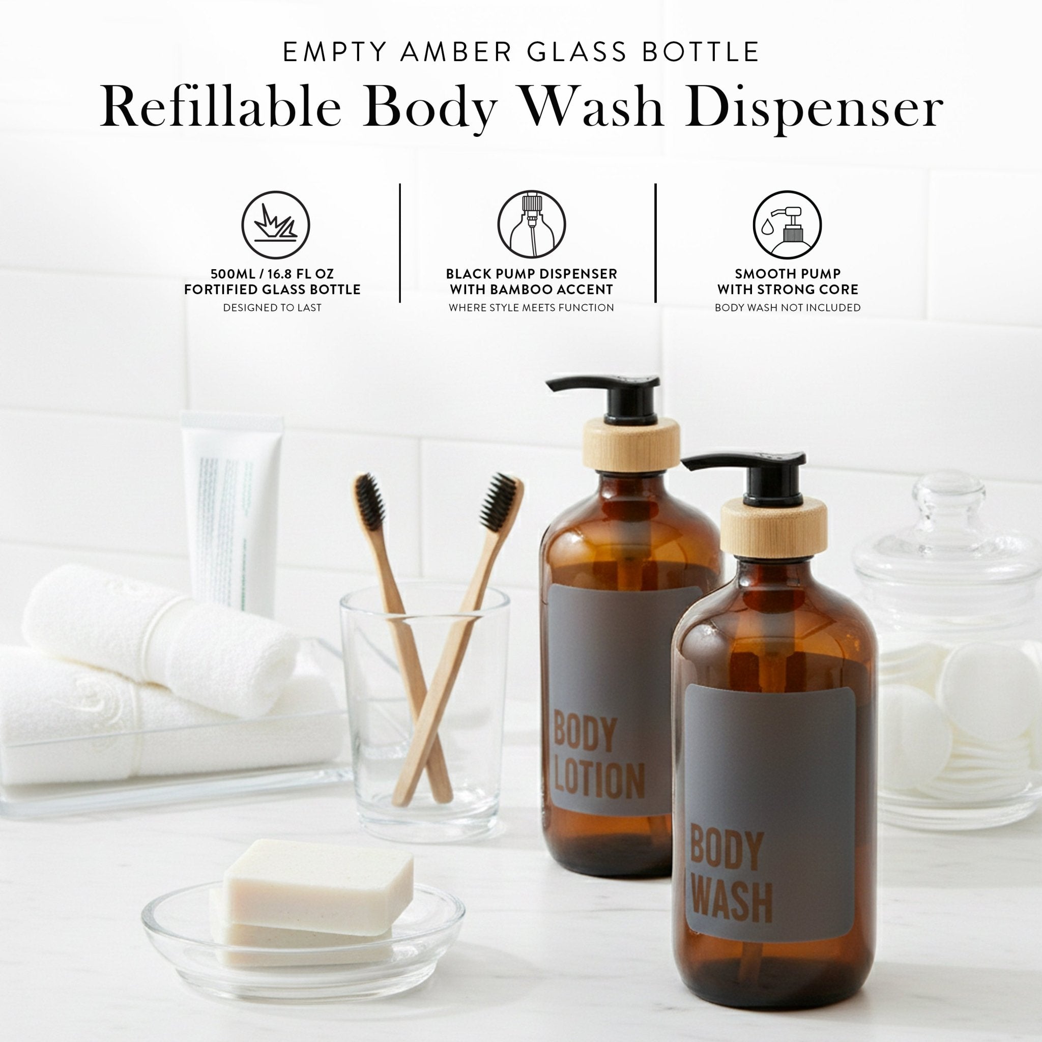 Body Wash Glass Amber Bottle 500ml - Savvy &amp; Sorted