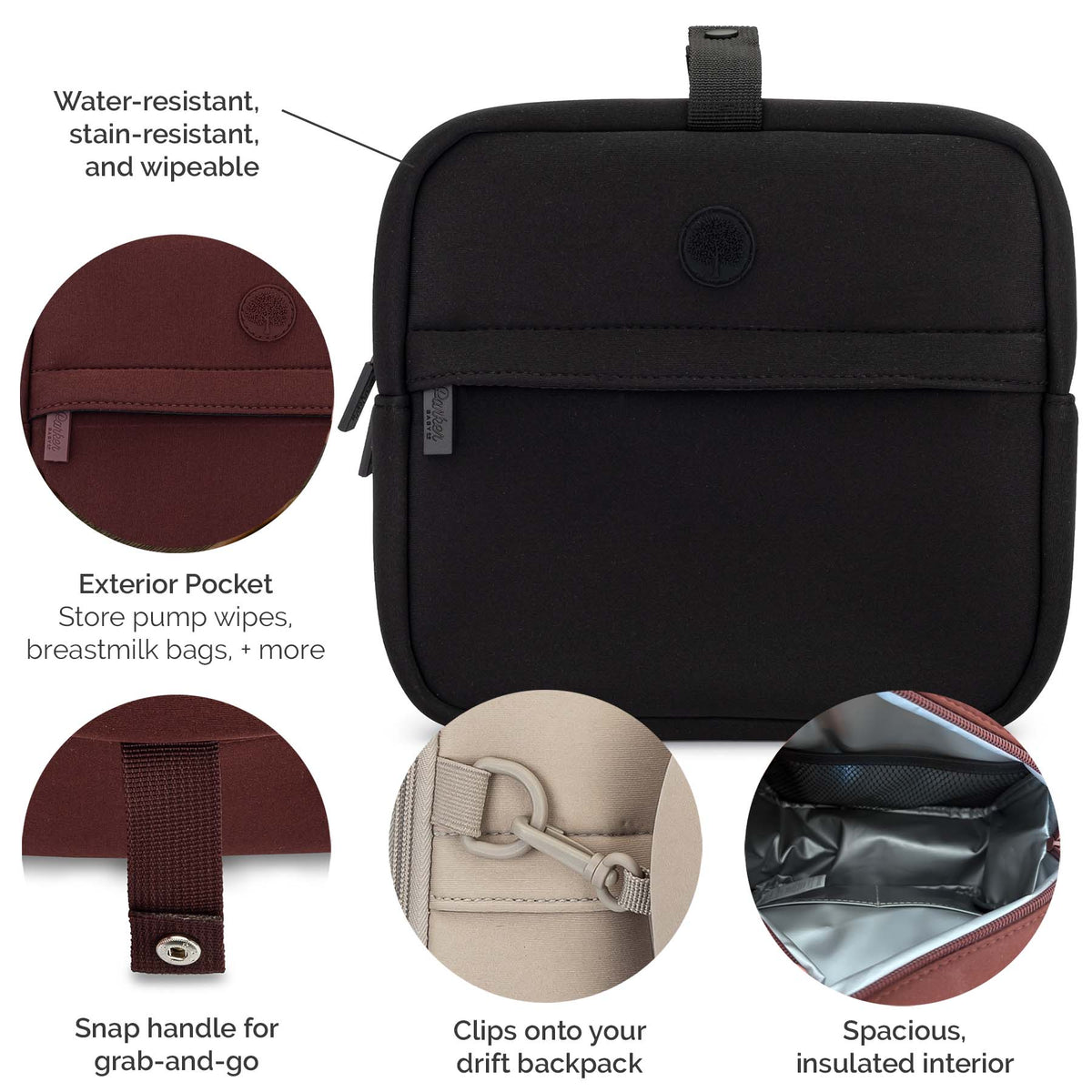 Black neoprene insulated bag with feature callouts and circular inset detail images showing the exterior pocket, snap handle, clips, and interior.