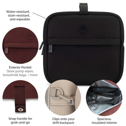 Black neoprene insulated bag with feature callouts and circular inset detail images showing the exterior pocket, snap handle, clips, and interior.