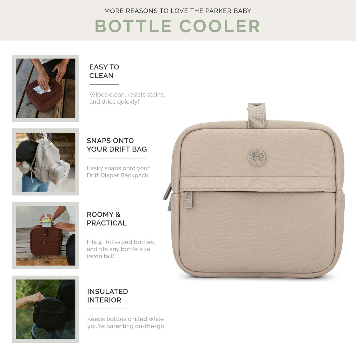 Beige bottle cooler with features listed on a white background