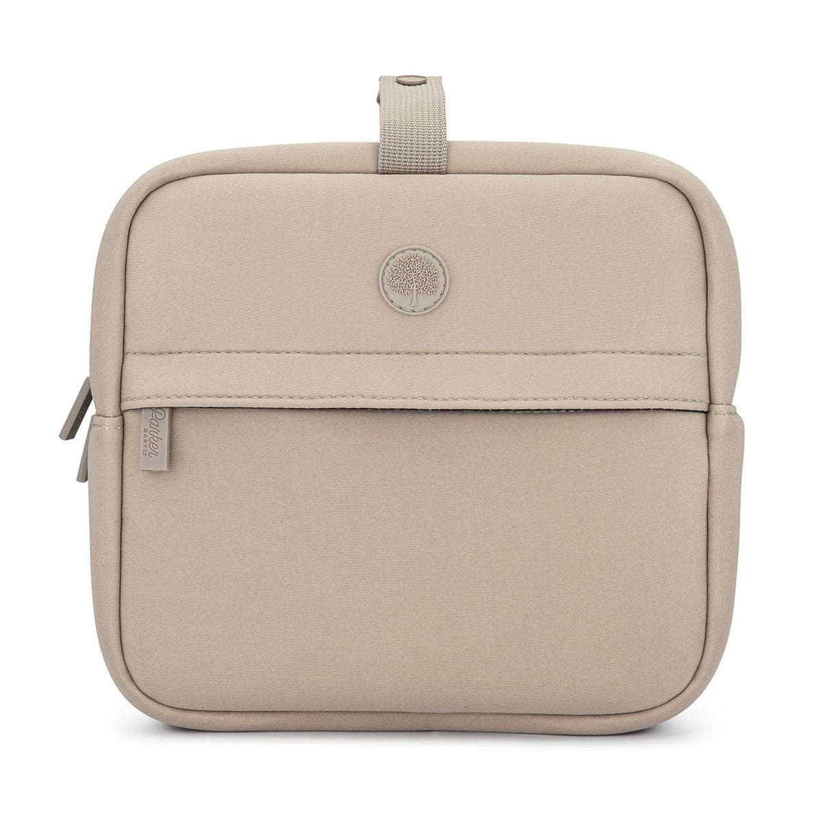 Beige crossbody bag with a visible brand logo on a white background