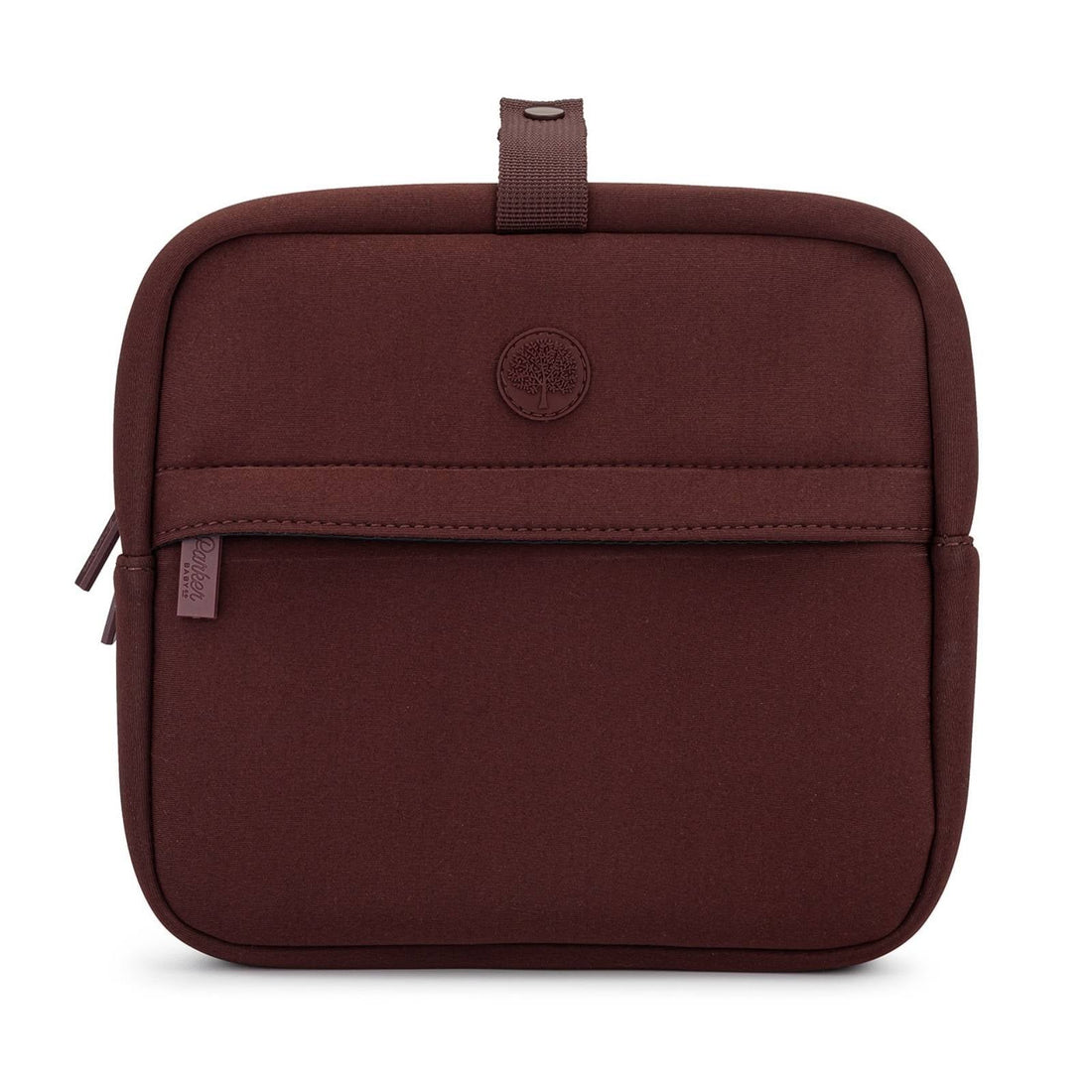 A dark brown neoprene organizer pouch with a top carry loop, a horizontal zippered pocket, and a circular tree logo on the front, set against a plain white background.