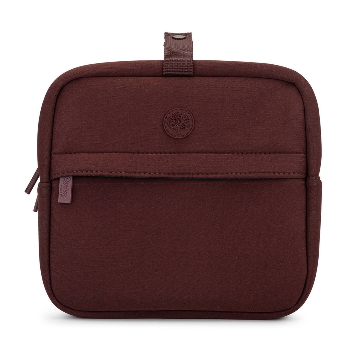 A dark brown neoprene organizer pouch with a top carry loop, a horizontal zippered pocket, and a circular tree logo on the front, set against a plain white background.