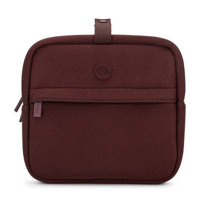 A dark brown neoprene organizer pouch with a top carry loop, a horizontal zippered pocket, and a circular tree logo on the front, set against a plain white background.