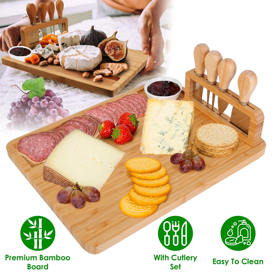 Bamboo Cheese Board Charcuterie Cheese Platter Board Serving Tray with Cutlery Set for Wedding Birth – image 2