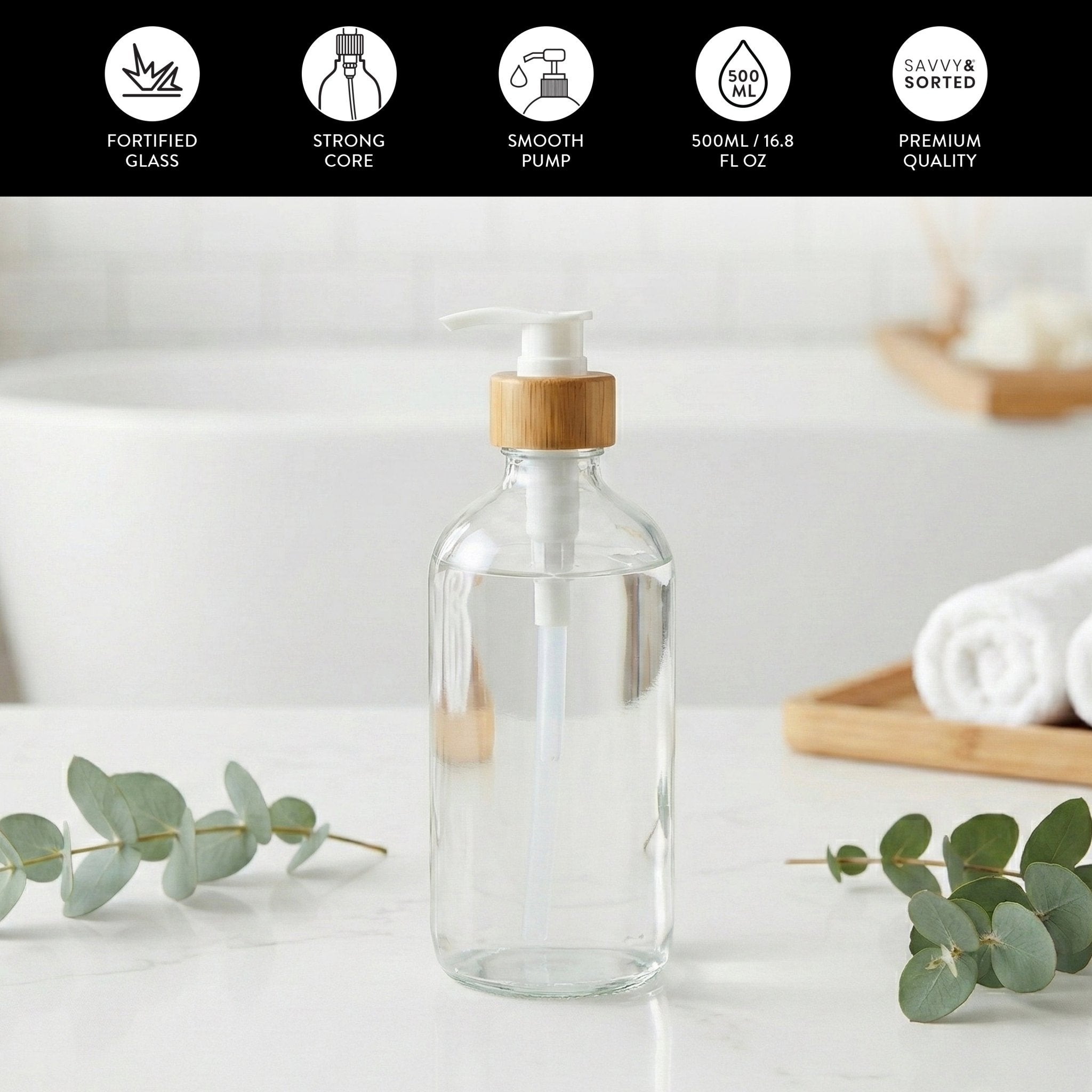 Clear Glass Bottle with Pump Dispenser 500ml - Savvy &amp; Sorted