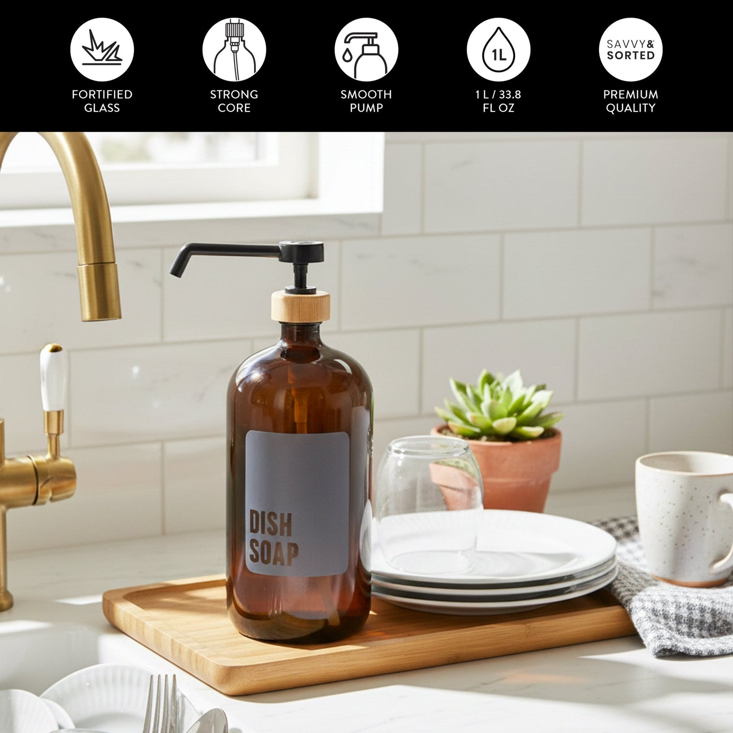 Dish Soap Glass Amber Bottle 1L - Savvy &amp; Sorted