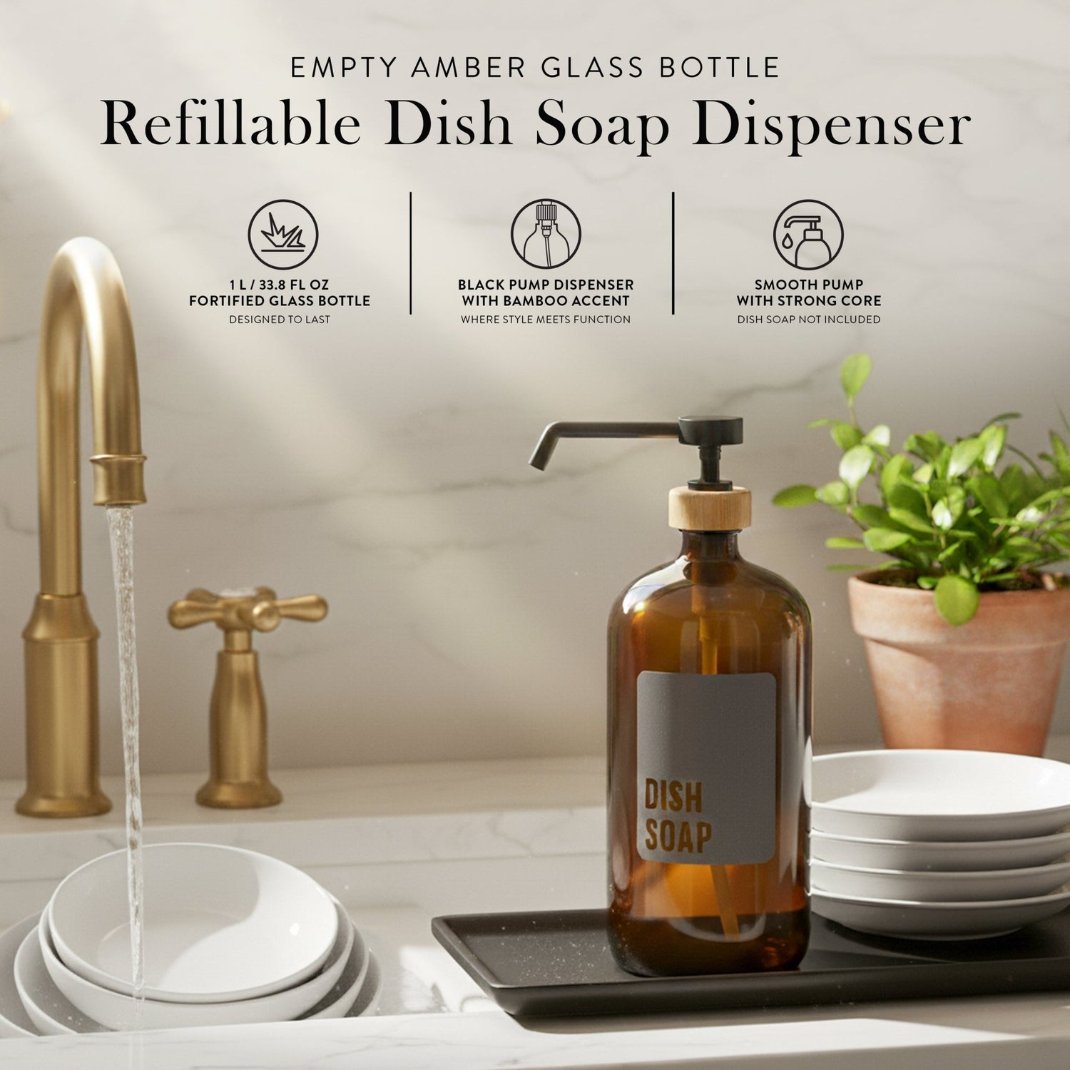 Dish Soap Glass Amber Bottle 1L - Savvy &amp; Sorted