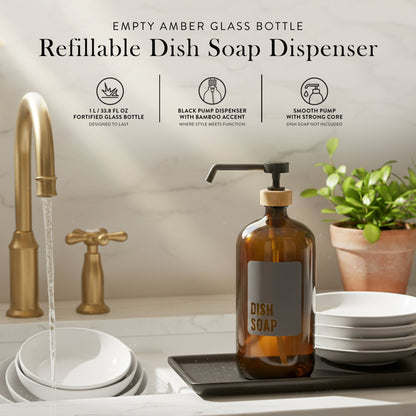 Dish Soap Glass Amber Bottle 1L - Savvy &amp; Sorted