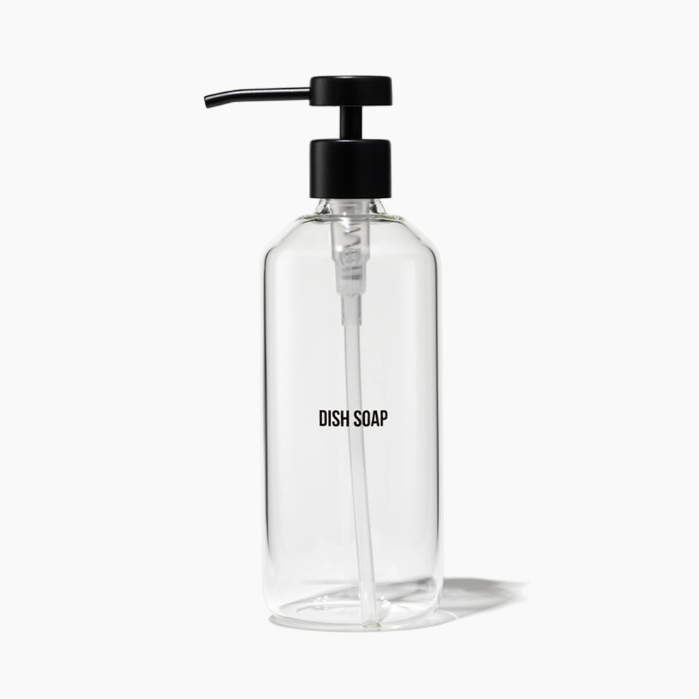 A clear plastic bottle of dish soap with a black pump dispenser, shown on a clean white background with a soft shadow.