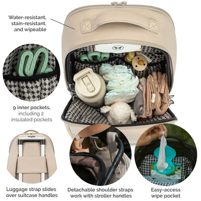 Beige diaper backpack shown open with baby items inside, plus three circular inset callouts highlighting features: water-resistant wipe pocket, 9 inner pockets including insulated pockets, and luggage strap sliding over stroller handles.