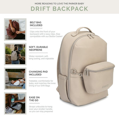 Beige backpack with features listed on a white background