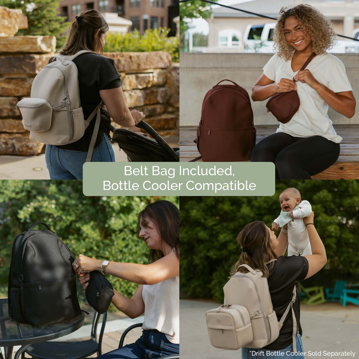 A four-panel lifestyle collage showing a woman wearing and using a beige backpack with an attached belt bag and bottle cooler. The panels show her outdoors by a stone wall, sitting on a bench, adjusting the bag at a table, and carrying a baby while wearing the bag.