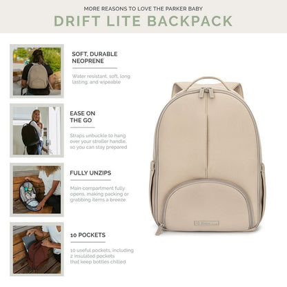 Beige backpack with features listed on a white background