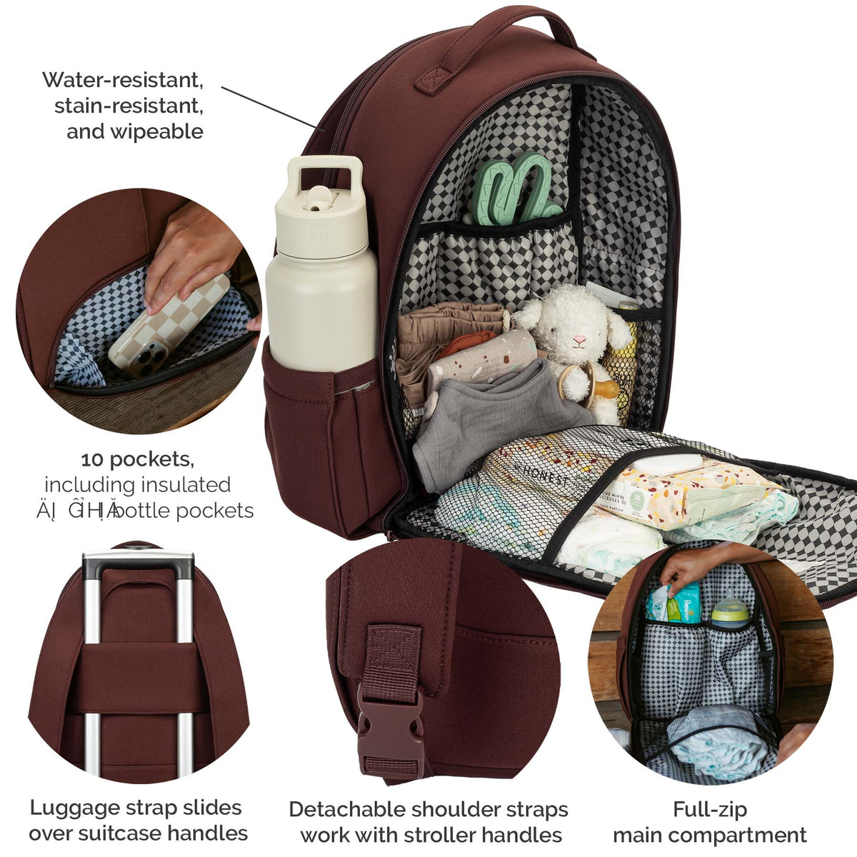 A brown diaper bag shown open on a white background with feature callouts and inset detail circles. The bag has a black-and-white check interior lining, multiple exterior pockets, a detachable shoulder strap, a water bottle in a side pocket, and baby items inside.