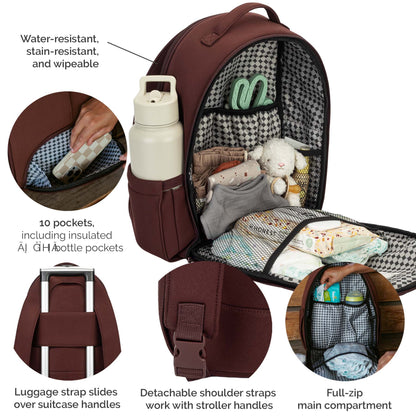 A brown diaper bag shown open on a white background with feature callouts and inset detail circles. The bag has a black-and-white check interior lining, multiple exterior pockets, a detachable shoulder strap, a water bottle in a side pocket, and baby items inside.