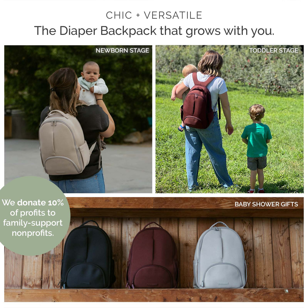Promotional collage for a diaper backpack. The top section shows two women outdoors wearing diaper backpacks, one with a baby and one with a toddler, in newborn and toddler stages.